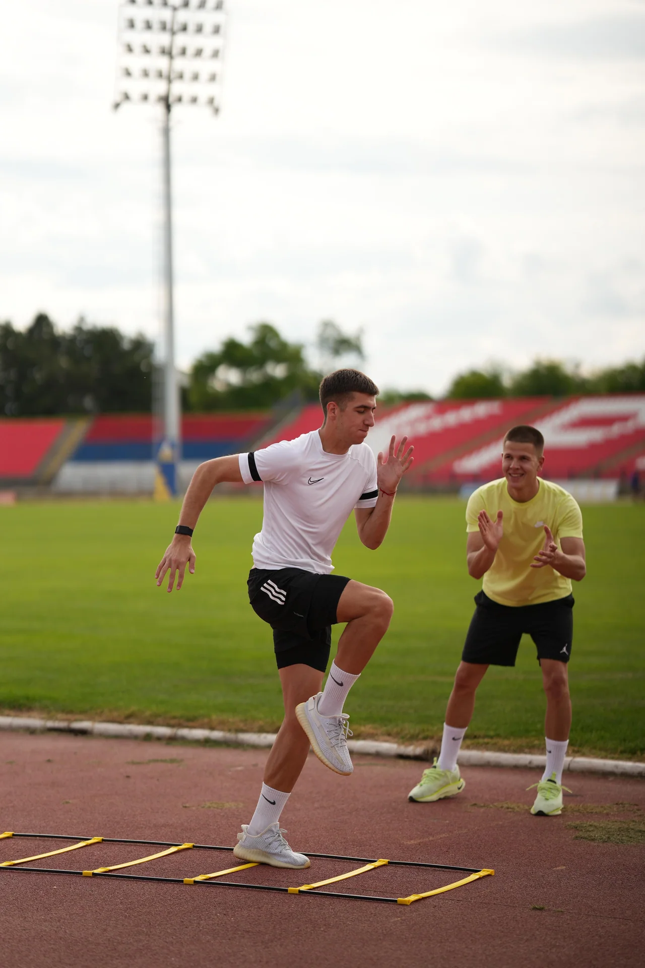 Athletes perform a sprint drill during the off-season program.